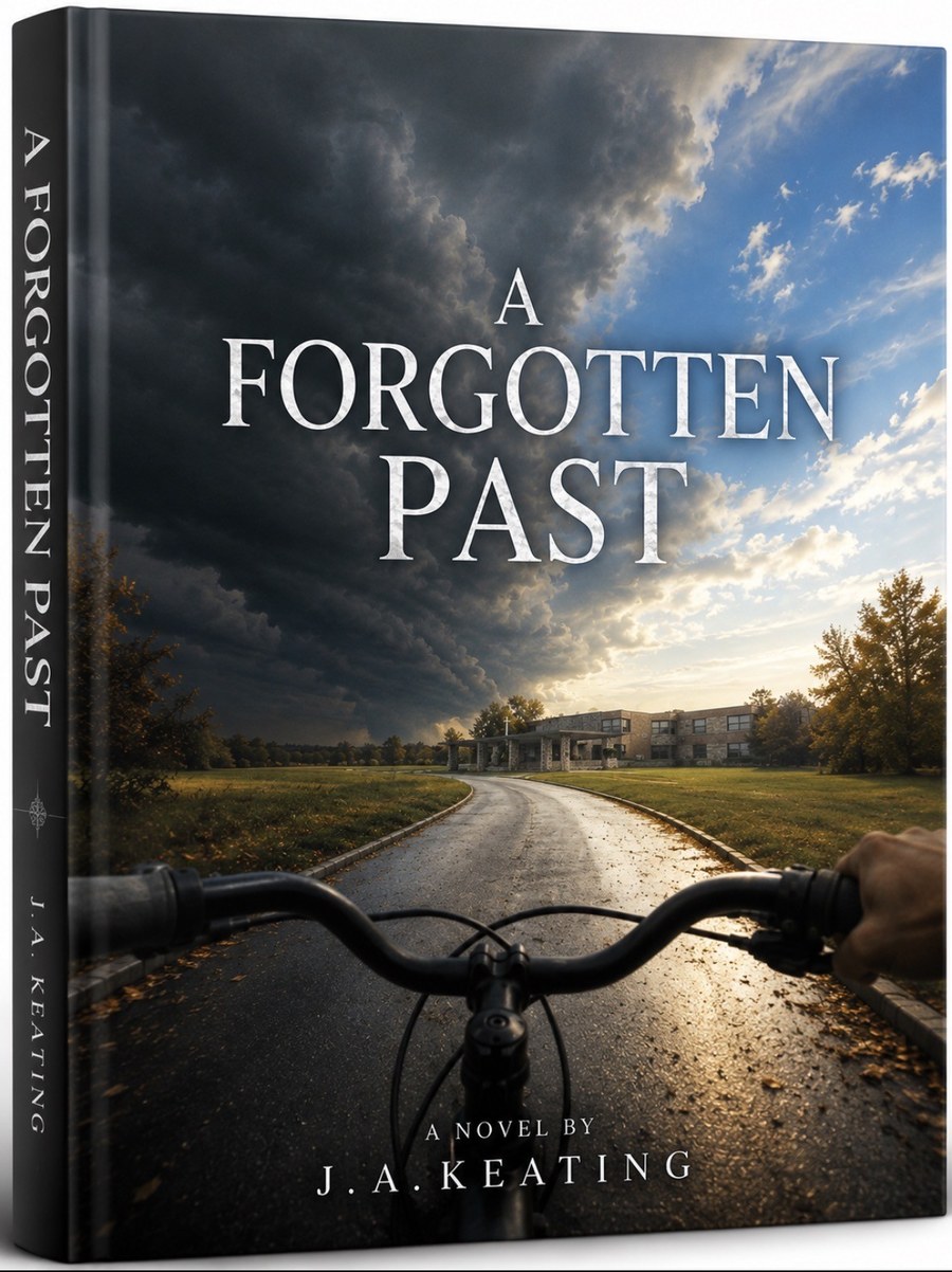 Cover of A Forgotten Past: the view over bicycle handlebars along a wet drive toward a stone building, under a storm front breaking into sun.