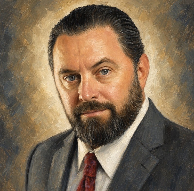 Painted portrait of J.A. Keating in a dark suit and red tie.